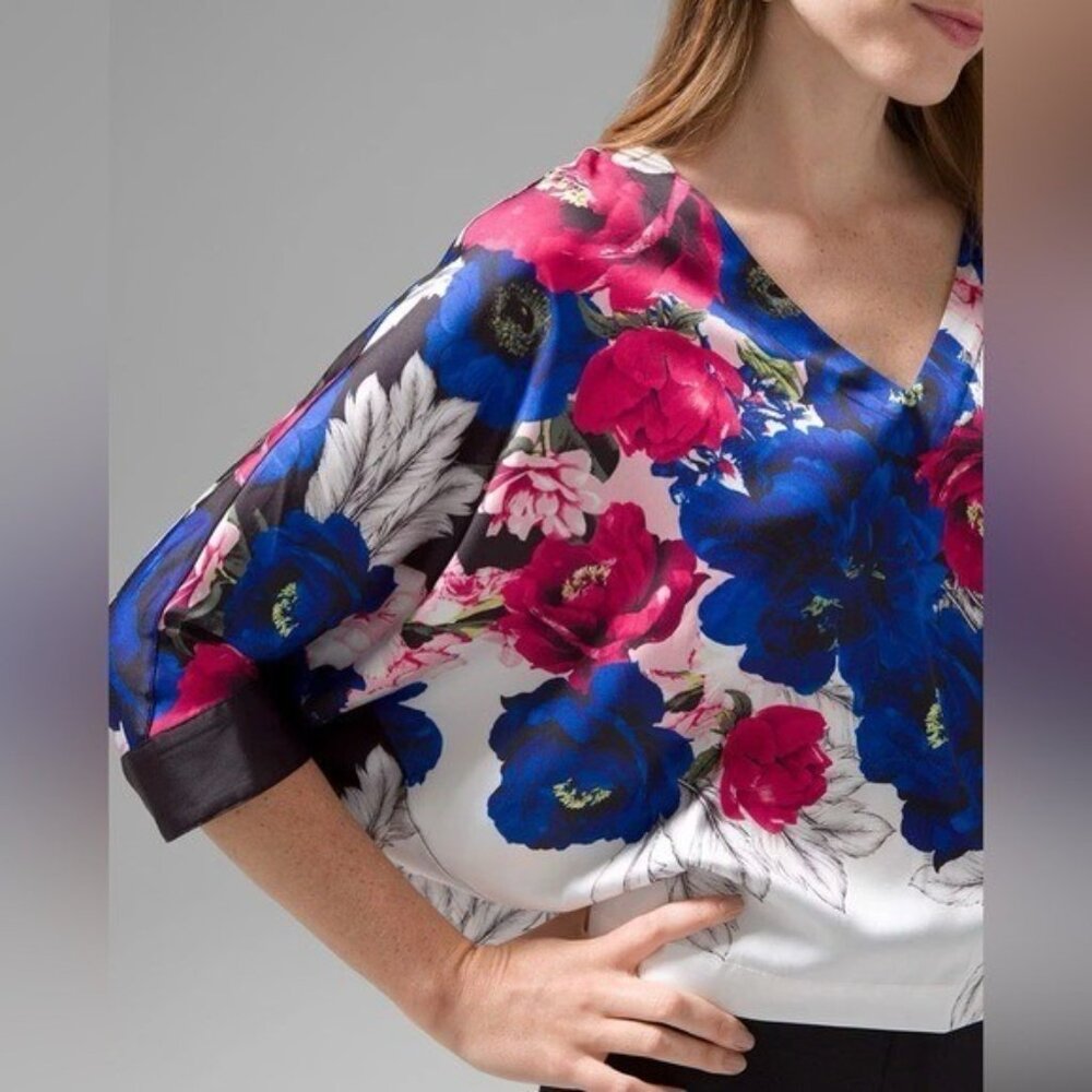 White House Black Market Kimono Sleeve Satin Blouse Large Black Blue White Pink - Picture 2 of 12